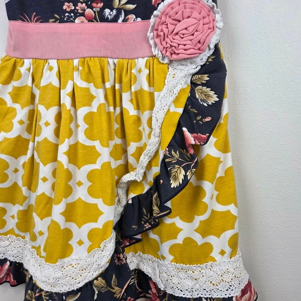 Ruffles by Tutu and Lulu Girls Floral Lace Ruffle Dress Pink Yellow Size 6-7Y